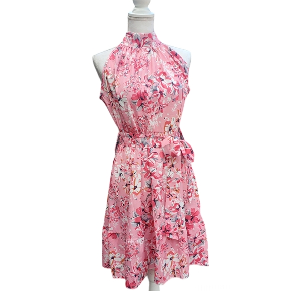 Spring Summer Dress Pink Floral Halter Neck Sleeveless A Line Ruffled Hem - Picture 8 of 9